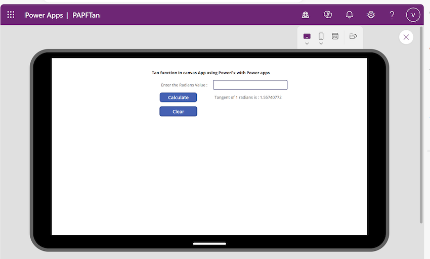 Tan function from Power Fx using Power Apps